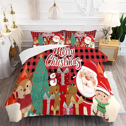 Christmas Comforter Set Full Size Red Plaid Bedding Sets Xmas Gift Christmas Themed Festival Winter Quilt Set,1 Comforter + 2 Pillow Cases