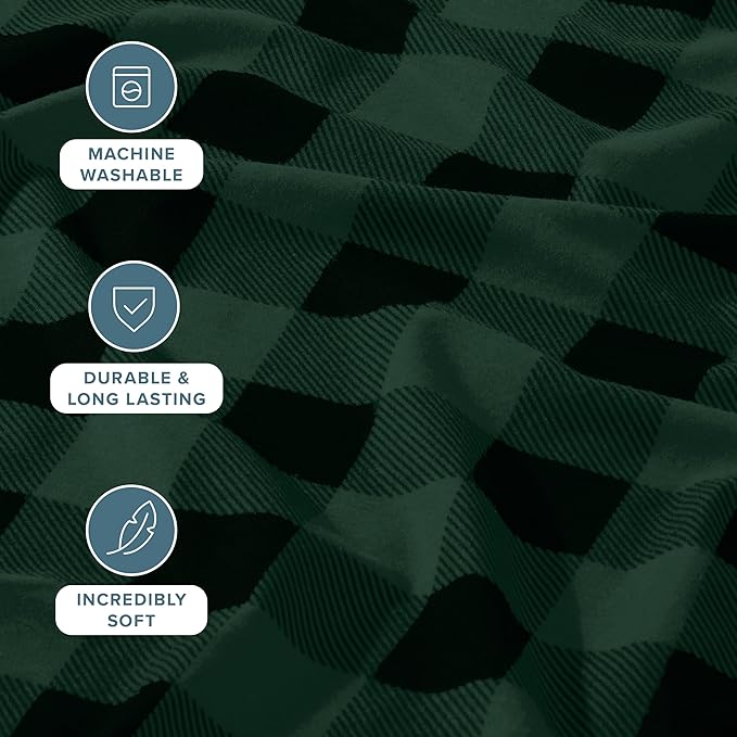 Bare Home Flannel Sheet Set Prints, 100% Cotton, Velvety Soft Heavyweight - Double Brushed Flannel - Deep Pocket (Split King, Buffalo Plaid - Forest Green/Black)