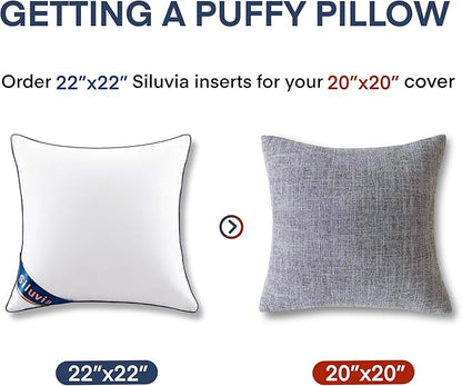 Siluvia 22"x22" Pillow Insert Set of 2 Square Throw 22 Pillows with 100% Cotton Cover for Sofa, Couch, and Bed - White
