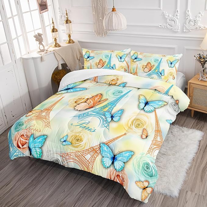 Paris Eiffel Tower Themed Bedding Butterfly Comforter 3Pcs Full Tie Dye Rose Colorful Pattern Bedding Set for Teen Girl Boy Bed Decor Romantic Building Quilt with 1 Comforter and 2 Pillowcases