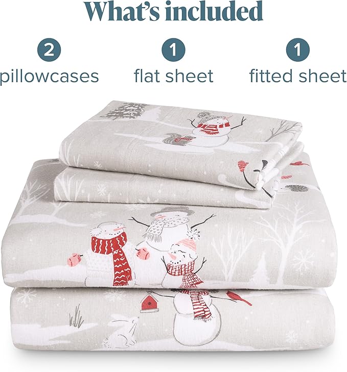Bare Home Flannel Sheet Set Prints, 100% Cotton, Velvety Soft Heavyweight - Double Brushed Flannel for Extra Softness & Comfort - Deep Pocket - Bed Sheets (King, Snowmen)