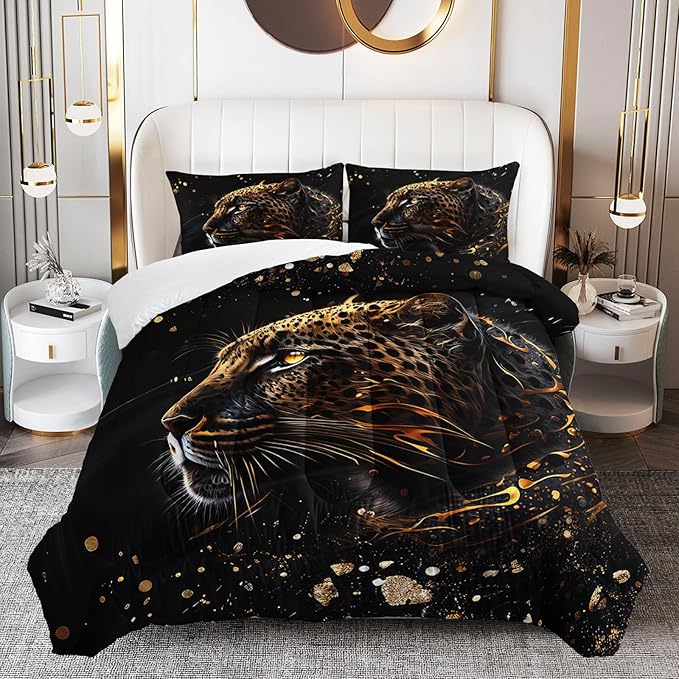 Wild Tiger Comforter Set Queen Size, 3D Black Cheetah Lover Bedding Set for Mens Adults and Teens, 3 Pieces Wild Animal Comforter Set for Room Decor, 1 Quilt and 2 Pillow Shams