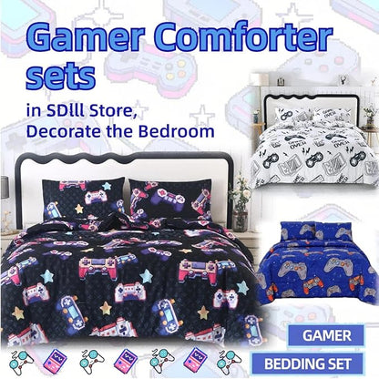 SDIII 3PCS Blue Gaming Comforter Set Twin, Soft Microfiber Lightweight Gamer Comforter Sets for Boys Girls Kids Teens, Video Game Bedding Quilt Twin