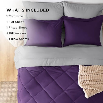 Bedsure California King Comforter Set - 7 Pieces Reversible Purple Bedding, California King Size Bed Set for All Seasons, Bed in a Bag with Down Alternative Comforter, Sheets, Pillowcases & Shams