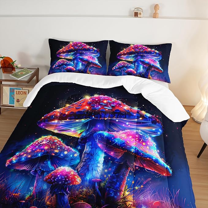 Luminescent Mushroom Comforter Set Full Size,Natural Wild Fungus Bedding for Kids Boys Girls Room Decor,Wild Botanical Theme Bedding Sets with 2 Pillowcases.