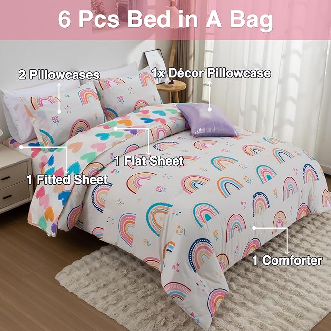 A Nice Night Rainbow Kids Comforter Set for Girls, Twin Size 6 Piece Bed in a Bag Soft Polyester Bedding Set with Floral, Grass & Rainbows Design
