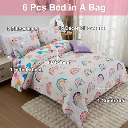 A Nice Night Rainbow Kids Comforter Set for Girls, Twin Size 6 Piece Bed in a Bag Soft Polyester Bedding Set with Floral, Grass & Rainbows Design