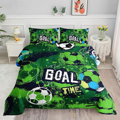Soccer Comforter Set Sport Themed Green Printed Bedding Set with 1 Comforter and 2 Pillowcases for Boys and Girls Bedroom All Season(Soccer Full)