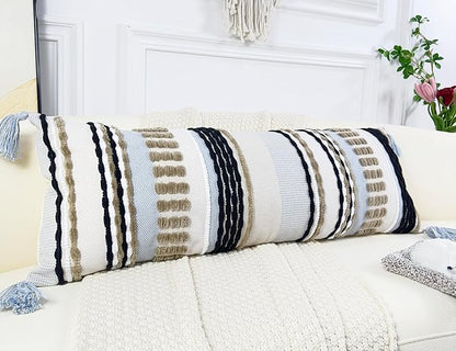 Chenille and Cotton Long Pillow for Bed,Striped Textured Boho Long Lumbar Throw Pillow Cover 16x36,Neutral Accent Decorative Extra Long Body Pillow Case for Couch Sofa Bedroom,Khaki