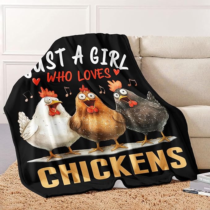 Chicken Lover Blanket, Just A Girl Who Loves Chickens Blanket, Soft Warm Cozy Fleece Throw, Gifts for Girls Women Kids, 50"x60", Black
