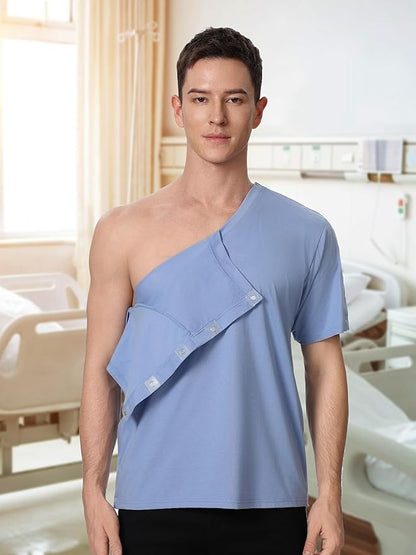 Magnetic Buttons Post Shoulder Surgery Recovery Shirt for Men V-Neck Tear Away Adaptive Chemo Port Clothing for Women