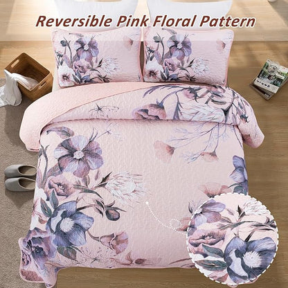 Floral Quilt Set Queen 3 Pieces Pink Floral Quilt Coverlet Set Soft Microfiber Lightweight Pink Quilted Bedspread for All Season 90"x96"