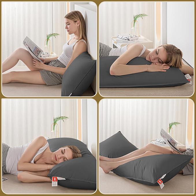 Goose Down Body Pillows for Adults, Large Body Pillow for Side Sleeper, Hugging Feather Body Pillow Insert, Cooling Full Length Long Pillow for Bed with 100% Organic Cotton Shell, (Dark Grey 20"x54")
