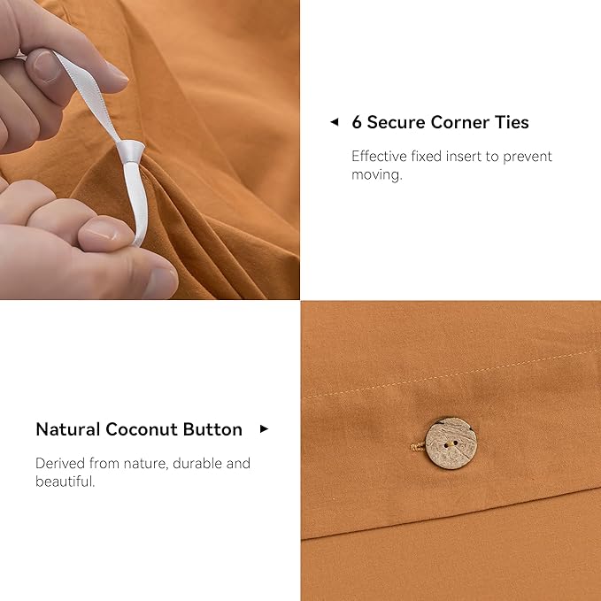 JELLYMONI Cotton Duvet Cover Queen Size - Burnt Orange Comforter Cover with Button 100% Washed Cotton 3PCS Breathable Soft Solid Bedding Set Duvet Cover 90×90in & 2 Pillowcases (NO Comforter)