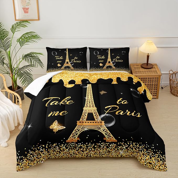 Black Gold Paris Eiffel Tower Comforter Set,Romantic Paris Queen Comforter Set for Women Couple,Girls Butterfly Eiffel Tower Print Bedding Set,Modern French Paris Quilt Set