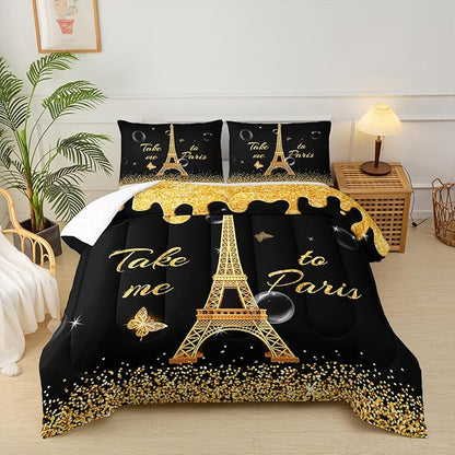 Black Gold Paris Eiffel Tower Comforter Set,Romantic Paris Twin Comforter Set for Women Couple,Girls Butterfly Eiffel Tower Print Bedding Set,Modern French Paris Quilt Set