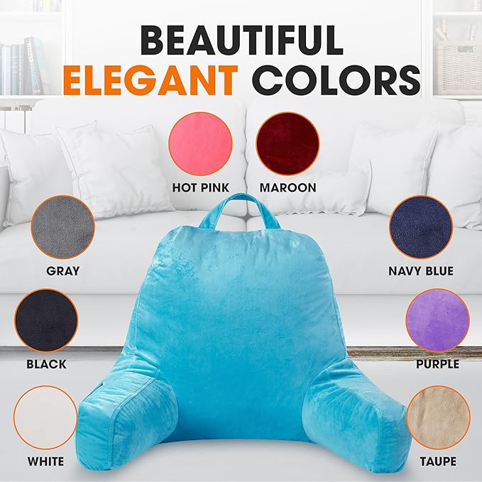 Cheer Collection Reading Pillow with Arms – Portable Bed Pillow for Sitting Up & Support, Hollow Fiber-Filled Back Rest Pillow for Sitting in Bed & Couch, Machine Washable, Sky Blue