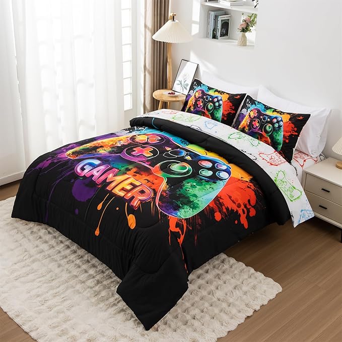 NTBED Game Console Comforter Set for Boys Girls Kids Tie Dye Gaming Lightweight Microfiber Gamer Bedding Sets (Multi, Twin 5Pcs)