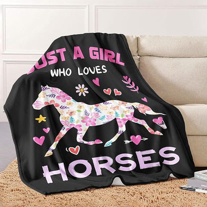 Horse Lover Blanket, Just A Girl Who Loves Horses Blanket, Soft Warm Cozy Fleece Throw, Gifts for Girls Women Kids, 40"x50", Black