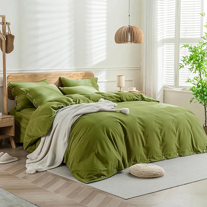 JELLYMONI Christmas Duvet Cover Cal King Size - Avocado Green Comforter Cover with Button 100% Washed Cotton 3PCS Breathable Soft Solid Bedding Set Duvet Cover 104×98in & 2 Pillowcases (NO Comforter)