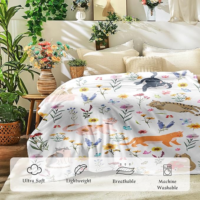 Floral Throw Blanket Birthday Gift for Women Mom Girls Kids Cat Lover Cat Flower Blanket Summer Wildflower Flannel Blanket Watercolor Printed Throw for Couch Sofa Bed Chair 60"x80"