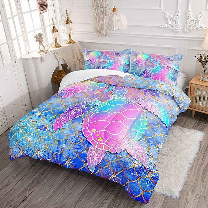 Kids Comforter Set Watercolor Turtle Scales Printed Pattern Bedding Set with 1 Comforter and 2 Pillowcases for Girls Boys Bedroom All Season(Watercolor Turtle Scales Twin)