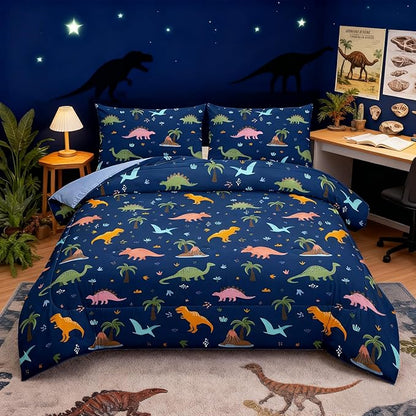 Peopleareok Dinosaur Comforter Set Full (79x90 Inch), 3 Pieces Dark Blue Dinosaur Bedding Set for Boys Teens, Super Soft Lightweight Dinosaurs Print Comforter Sets for All Seasons