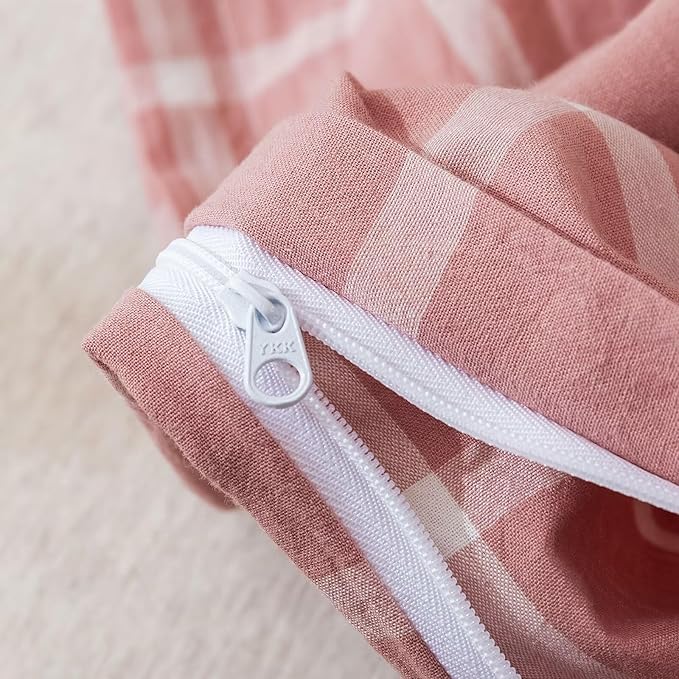 BuLuTu Pink White Plaid Duvet Cover Full 100% Washed Cotton Comforter Cover Set Modern Buffalo Plaid Bedding Set for Kids, Grid Gingham Duvet Cover and 2 Pillowcases for All Seasons