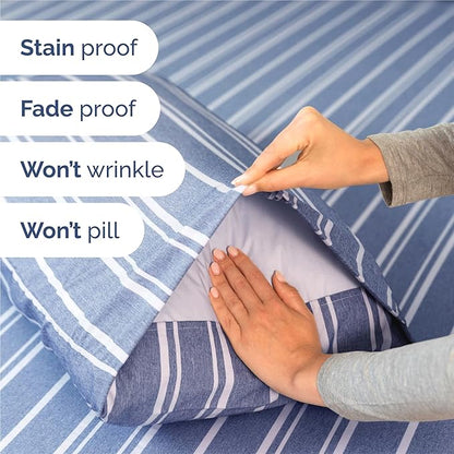 Split King 7 Piece Sheet Set - Comfy Breathable & Cooling - Soft Hotel Luxury Bedding Set w/ 8-16 Inch Deep Pockets - 1 Flat & 2 Fitted Sheet & 4 Pillowcases - Cozy and Wrinkle Free - Blue Stripes 3