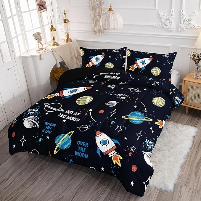 Space Rocket Comforter Set 3D Rocket Printed Bedding Set with 1 Comforter and 2 Pillowcases for Boys and Girls Bedroom All Season(Space-2 Queen)