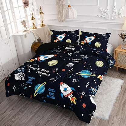 Space Rocket Comforter Set 3D Rocket Printed Bedding Set with 1 Comforter and 2 Pillowcases for Boys and Girls Bedroom All Season(Space-2 Queen)