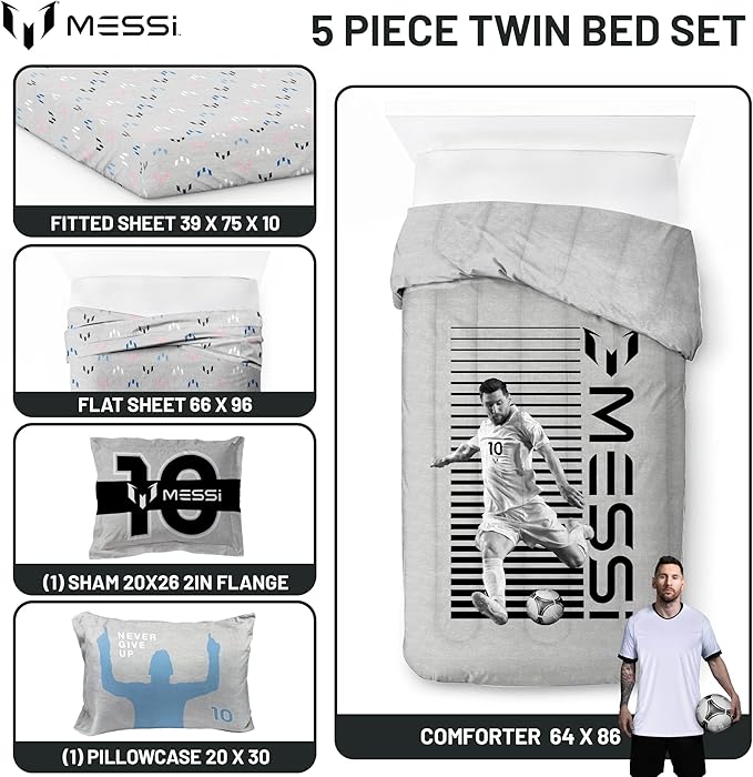 Jay Franco Kids Comforter Set Includes Sheets and Pillow Cover - Soft and Cozy Bed Set for Stylish Room Décor, Grey - Lionel Messi, 5 Piece Twin