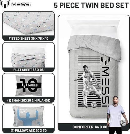 Jay Franco Kids Comforter Set Includes Sheets and Pillow Cover - Soft and Cozy Bed Set for Stylish Room Décor, Grey - Lionel Messi, 5 Piece Twin
