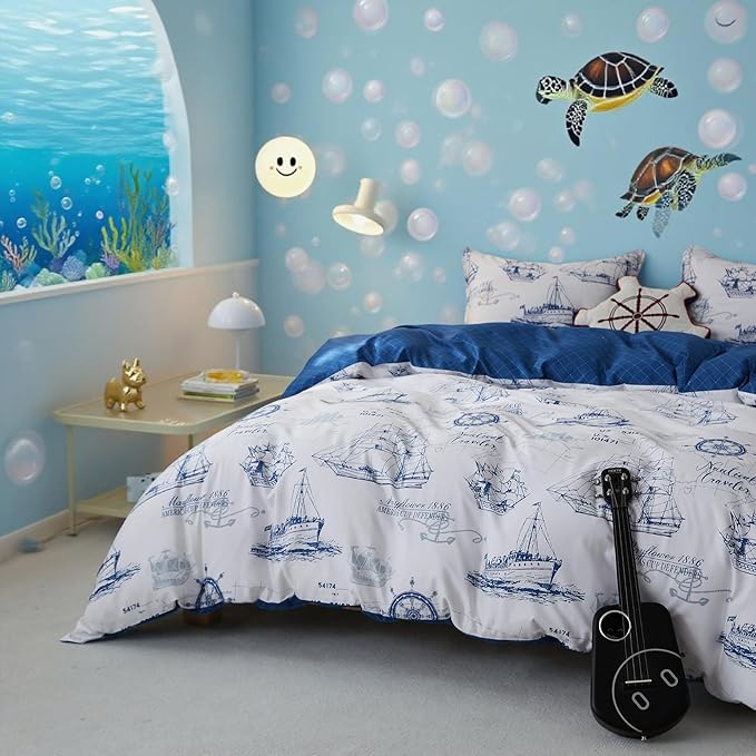 Simple&Opulence 100% Organic Cotton Duvet Cover for Kids Teens, 4 Pieces Soft Cartoon Comforter Cover with Zipper Closure, Boys Bedding Set with Sailboat Pattern,Full/Queen