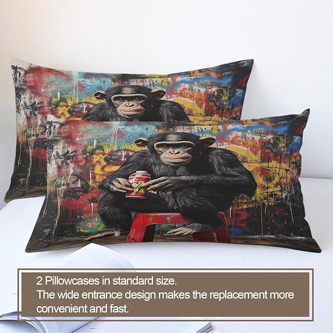 Gorilla Duvet Cover Queen Size, Street Graffiti Gorilla Bedding Set 3 Piece Bedroom Decor Fun Colorful Patterned Comforter Cover with Zipper Ties & 2 Pillowcases