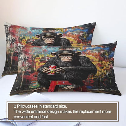 Gorilla Duvet Cover Queen Size, Street Graffiti Gorilla Bedding Set 3 Piece Bedroom Decor Fun Colorful Patterned Comforter Cover with Zipper Ties & 2 Pillowcases