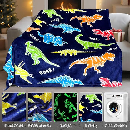 TEHALK Dinosaur Glow in The Dark Blanket for Boys/Girls/Toddler/Baby, Dinosaur Toys for Boy Age 3-12, Cute Funny Kids Throw Blanket for Birthday/Gifts 50"x 60"