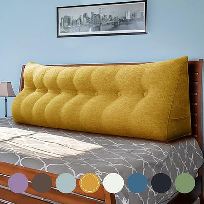 14 lbs Thickened King Headboard Pillow Wedge Pillow Headboard Reading Pillow Bed for Backrest Reading Triangular Pillow with Side Pocket for Sitting in Bed Cotton Linen Yellow