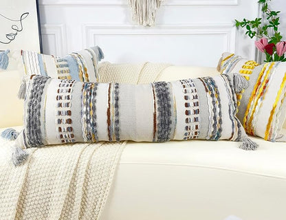 Chenille and Cotton Long Pillow for Bed, Striped Textured Boho Lumbar Throw Pillow Cover 16x36, Neutral Accent Decorative Extra Long Body Pillow Case for Couch, Sofa, Bedroom, Brown-Grey