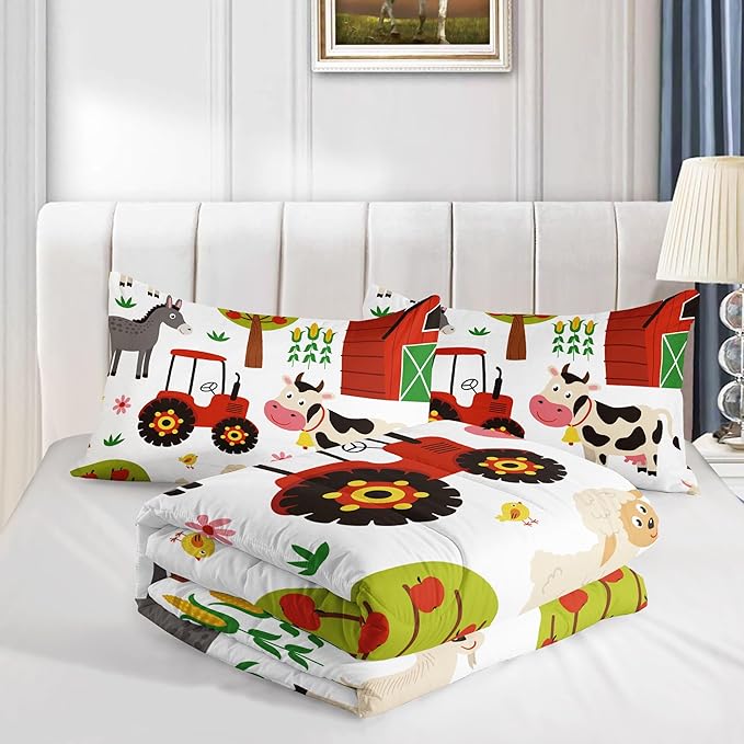 Kids Comforter Set Farm Theme Printed Pattern Bedding Set with 1 Comforter and 2 Pillowcases for Girls Boys Bedroom All Season(Farm Theme01 Queen)
