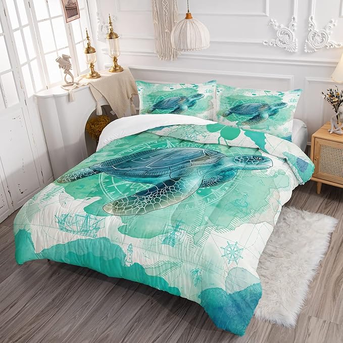 CVHOUSE Sea Turtle Comforter Twin - Ocean Bohemia Quilt Set with 1 Comforter and 2 Pillow Cases