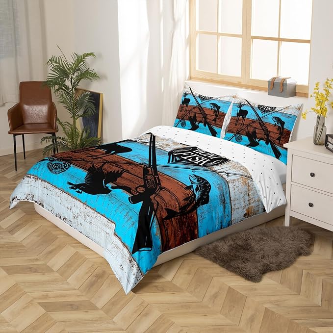 Deer Bird Fish Animal Hunting Bedding Set Queen Size,Hunt Fish Themed Duvet Cover Set for Children Bedroom Present, Rustic Blue Wooden Board Microfiber Comforter Cover with 2 Pillowcases