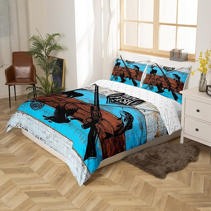 Deer Bird Fish Animal Hunting Bedding Set Queen Size,Hunt Fish Themed Duvet Cover Set for Children Bedroom Present, Rustic Blue Wooden Board Microfiber Comforter Cover with 2 Pillowcases