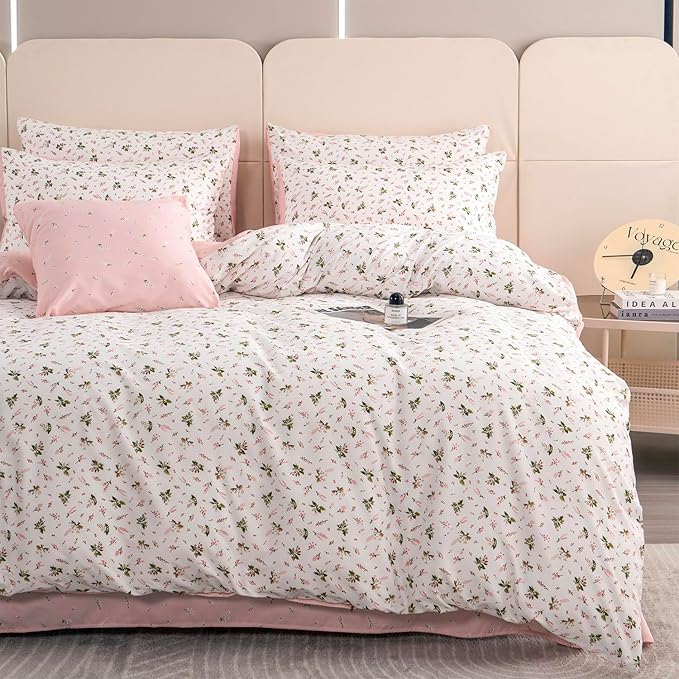 Duvet Cover King Floral 100% Brushed Microfiber 3 Pieces Fresh Chic Garden Style Pink Botanical Flower Printed Pattern King Floral Duvet Cover with Zipper Closure