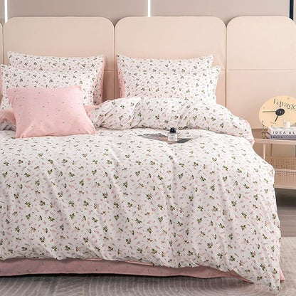 Duvet Cover King Floral 100% Brushed Microfiber 3 Pieces Fresh Chic Garden Style Pink Botanical Flower Printed Pattern King Floral Duvet Cover with Zipper Closure
