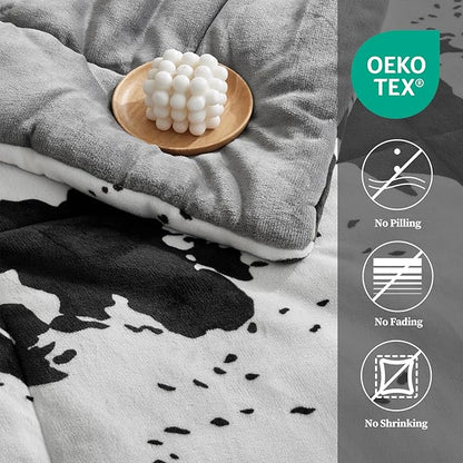 Petrichor Velvet Flannel Queen Comforter Set-Cow Print Western Style Blanket,Luxury Fuzzy Heavy Bedding Set, 3 Pieces Plush Winter Bed Set with Comforter (90"x90") & 2 Pillow Shams (20"x26")