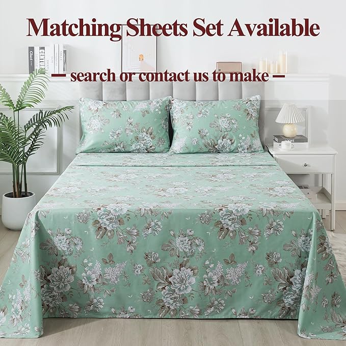FADFAY Duvet Cover Set Twin Green Toile Floral Bedding Shabby Peony Flower Quilt Cover Set Vintage Farmhouse Bedding 100% Cotton Soft Comforter Cover Set with Hidden Zipper Closure 3Pcs, Twin Size