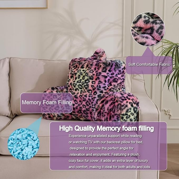 Reading Pillows for Boyfriend Adult,Velvet Back Pillow Bed Wedge Large, Back Rest Support Cushion for Sitting in Bed Kids Children 18inch-Rainbow Leopard