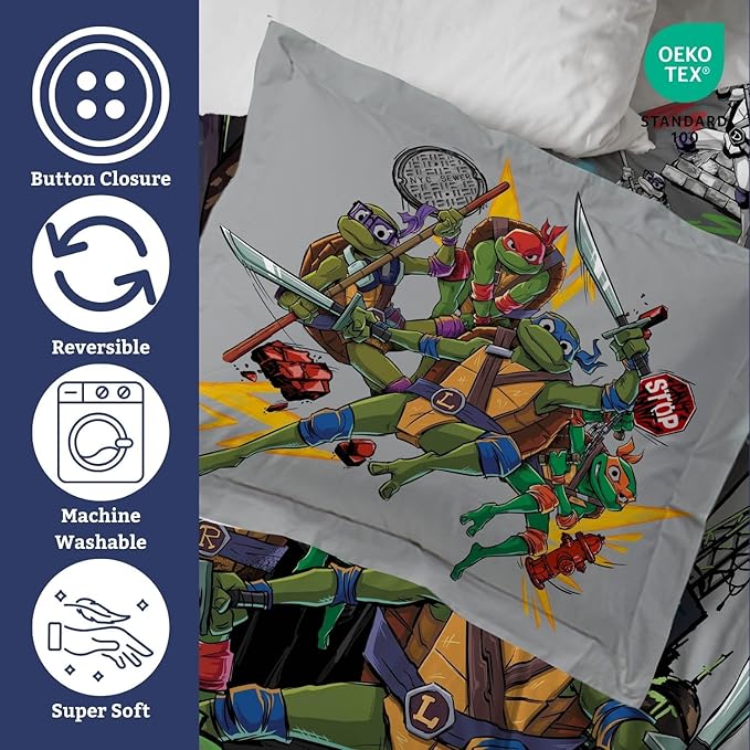 Jay Franco Duvet Cover Set – 3 Piece Comforter Cover and Sham Set, Super Soft Cozy Kids Bedding (Insert Not Included) Grey - Teenage Mutant Ninja Turtles, Twin