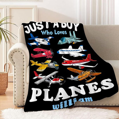 Custom Airplane Blanket for Boys Kids Child Toddler Just A Boy Who Loves Planes Blanket Warm Plush Fleece Planes Throw for Bed Sofa Office Decor Custom Airplane Gifts Ideas 40"x50"-S